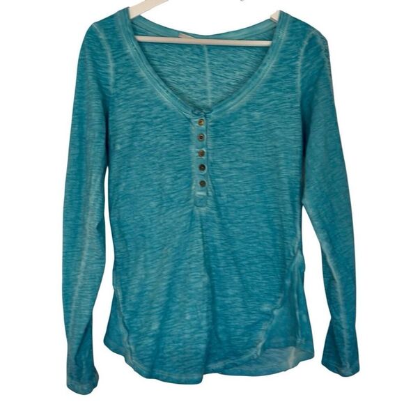 Free People Shell sleeve lace trim Henley turquoise small - Picture 1 of 11
